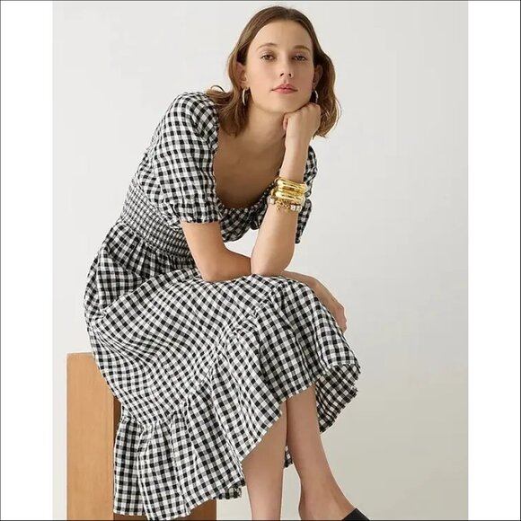 J.Crew Smocked-waist puff-sleeve midi dress in gingham linen (NWT) - Picture 2 of 7